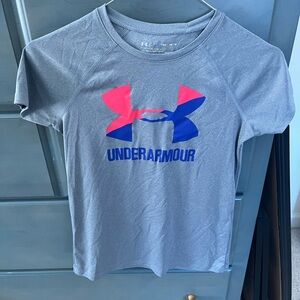 Under Armour Kids Tee in Gray with Pink and Blue Logo